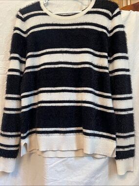 LOFT Black and White Striped Fuzzy Crewneck Sweater